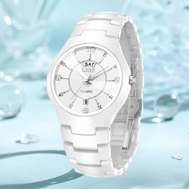 LIGE Elegant Luxury Woman Watch Fashion Classic Auto Date Week Ceramic Strap Ladies Clock Simple Waterproof Quartz Women Watches
