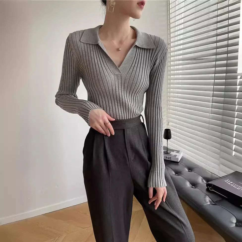 6214 Spring New Pure Desire Sexy Turn-Down Collar Split Ribbed Slim Fit V-Neck Knitted Sweater