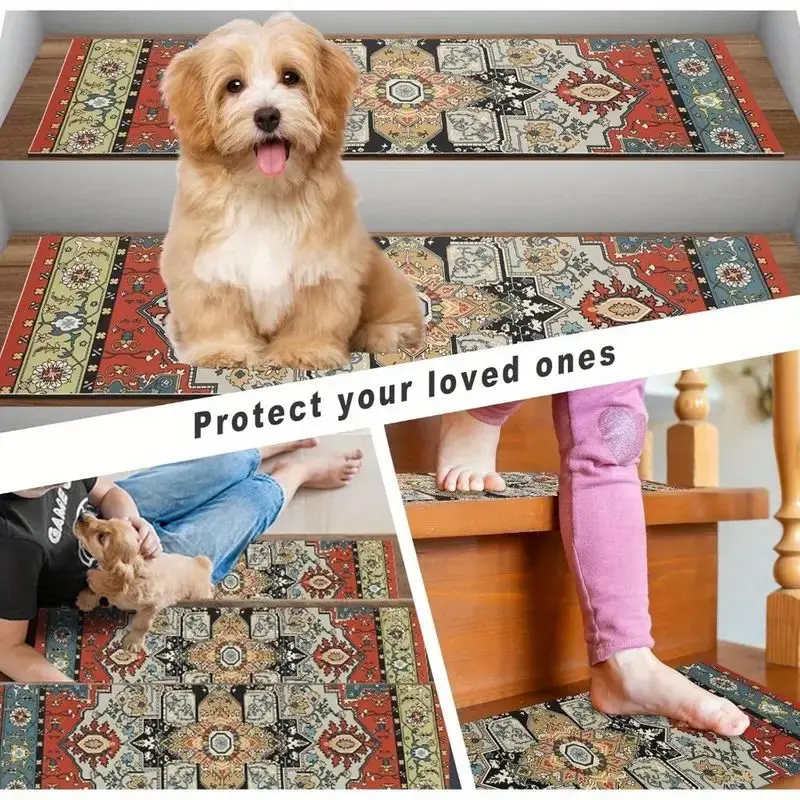 VIKAMA Staircase Treads, Wooden Steps, Safety Staircase Mat, Dog, Child, Elderly Anti-Slip Carpet, Staircase Carpet Decoration