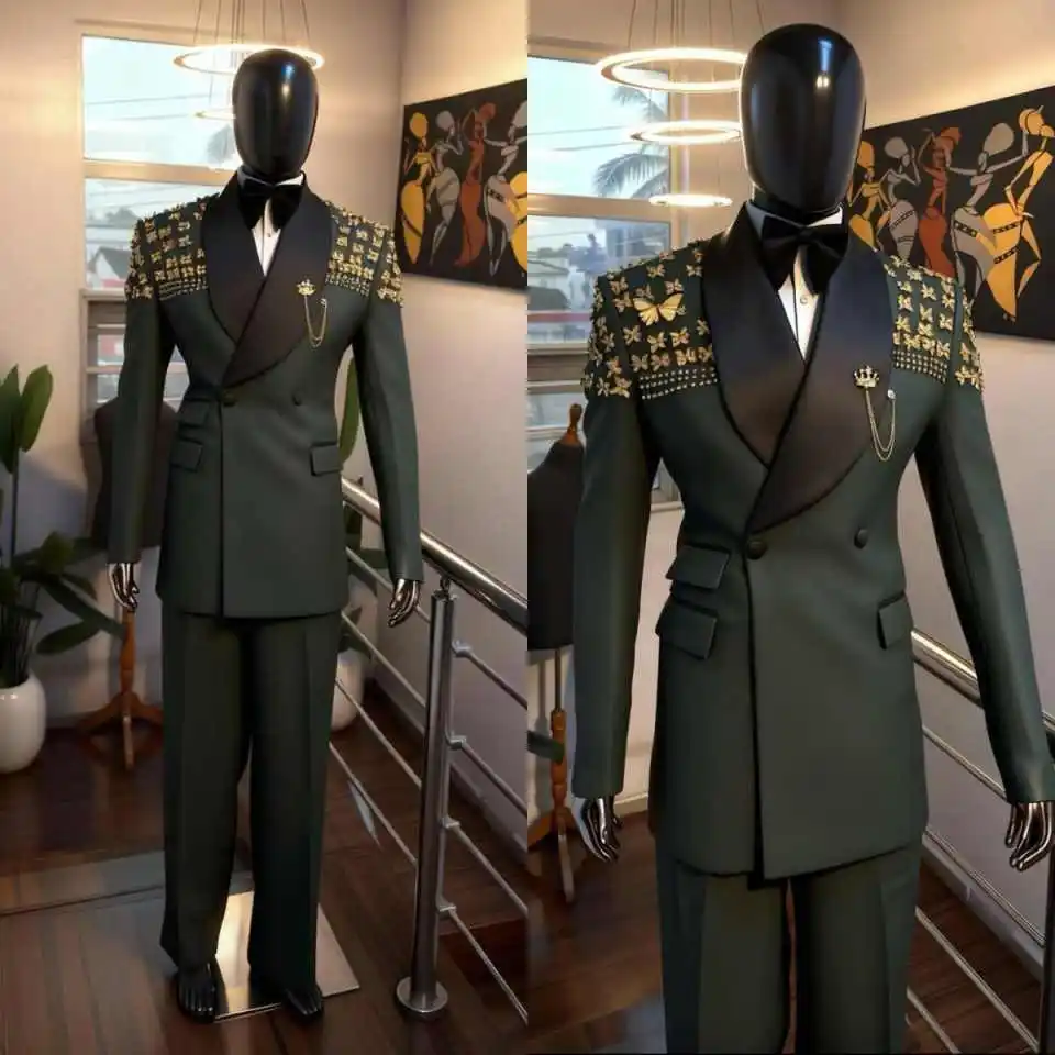 

Luxury 2 Pieces Men Wedding Tuxedos Shawl Lapel Double Breasted Prom Blazers Crystals Formal Party Customized