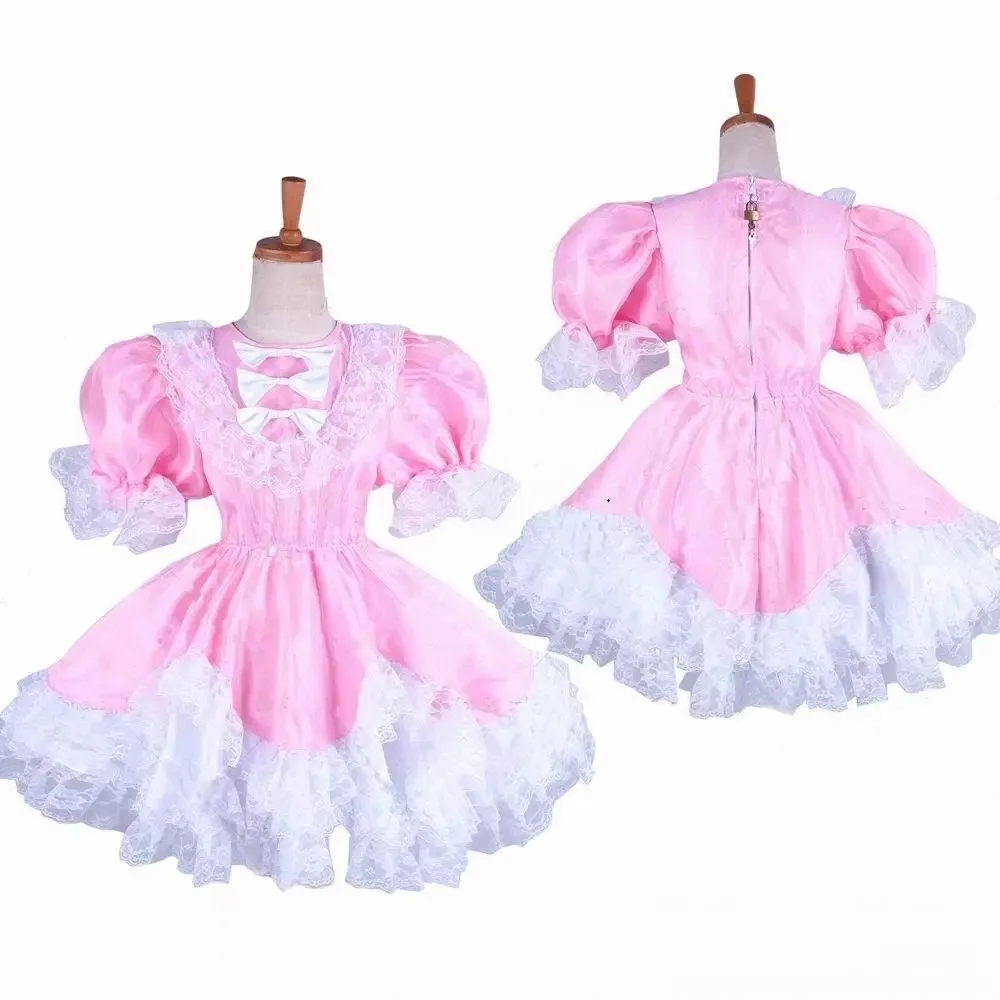 Sissy Pink Satin Dress Maid White Fluffy Lace Cosplay Halloween Costume Customized