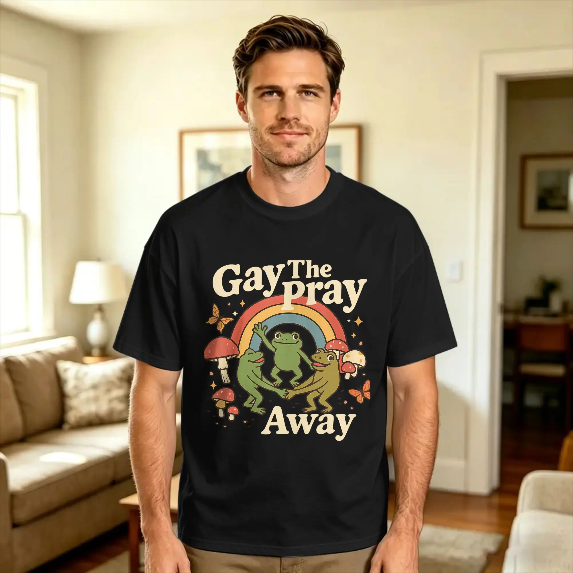 Gay The Pray Away Rainbow Funny Meme Frogs LGBT T Shirt Summer  100 Cotton T-Shirts For Man Casual Tshirt Short-Sleeved Tops