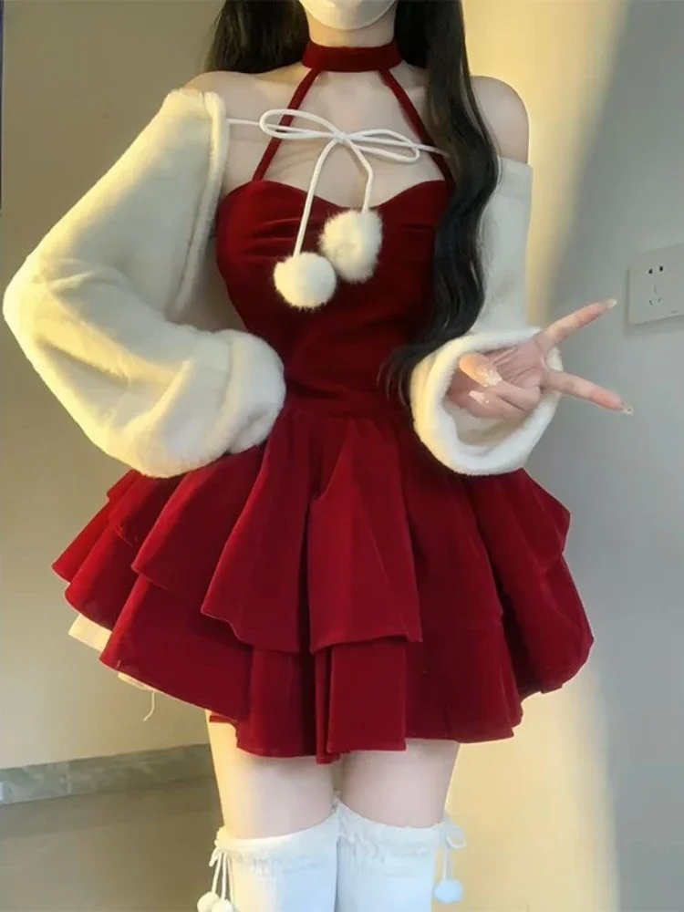 2024 Spring Japanese Style Lolita Kawaii Suit Sweet Fashion Set Woman Casual Short Cardigan + Red Slim Y2k Mini Dress Design