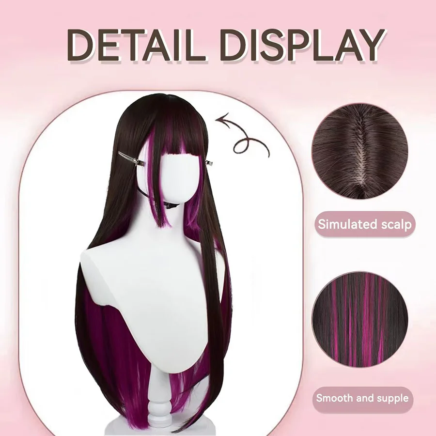 30inch Synthetic Red Purple Wigs Hime Cut Fringe Bangs Split Dye Halloween Party Cosplay Items Wig Half and Half Color
