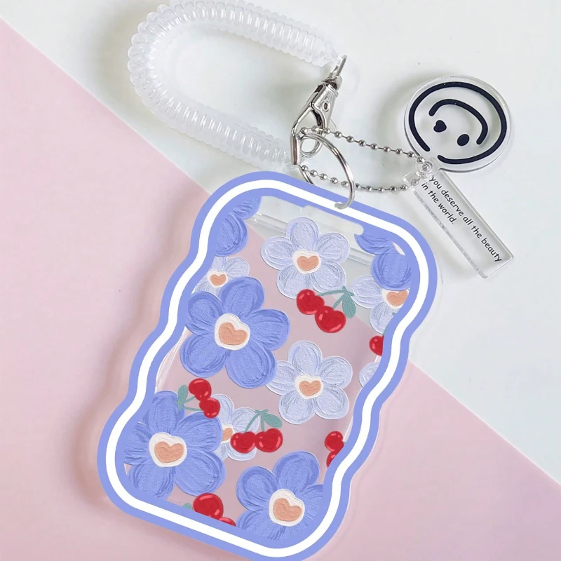 Cherry Pattern Transparent Wave Card Holder with Retractable Spring Cord Suitable for Bus Card Protection Cover Meal Card Cover