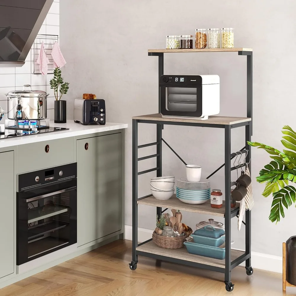 

Mobile Kitchen Cart with Wheels, Microwave Stand, Coffee Bar Shelf, 6 Hooks & Adjustable Feet, Gray Utility Storage