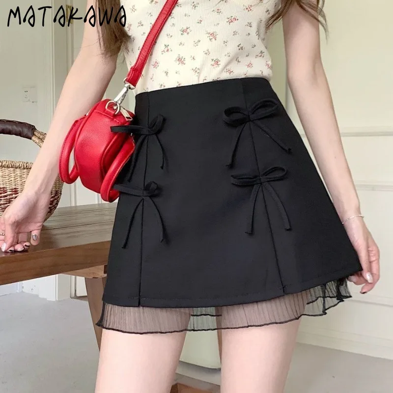 

Matakawa Lace Patchwork Mini Skirts A-line Spring Summer Solid Bows Sweet Women Skirt Korean Fashion Chic Cute Faldas Mujer