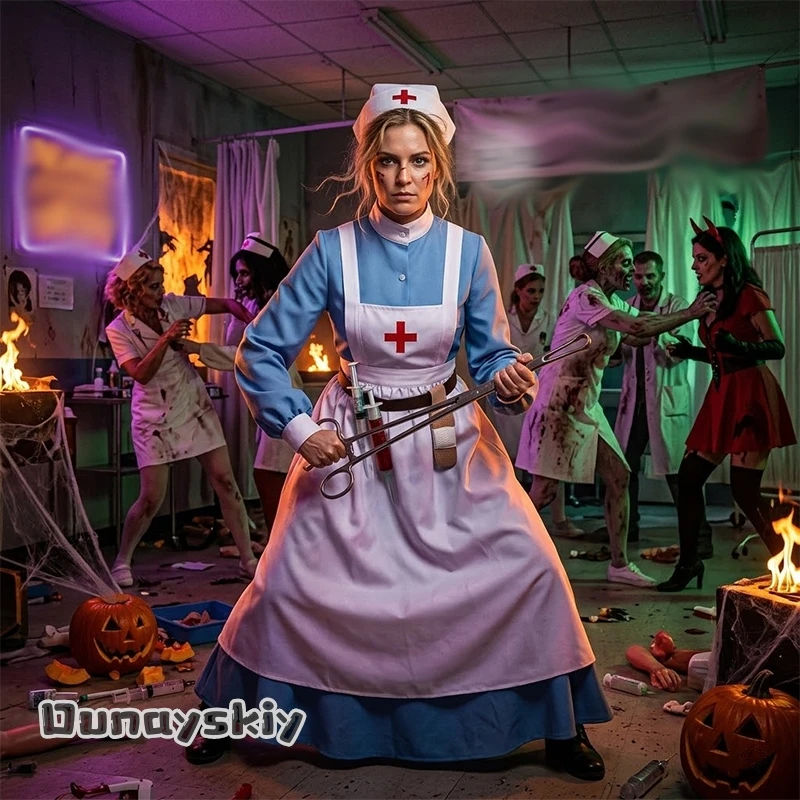 

aBNNS*@COS Halloween Women Blue Long Nurse Costume Woman Medieval History Civil War Nurse Uniform Dress Cosplay Character