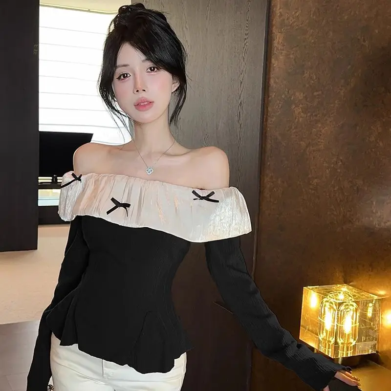 

French Contrast Bow One-Shoulder Long-Sleeved Sweater Autumn Winter New Sweet Style Slim Short Knitted Long-Sleeved Top