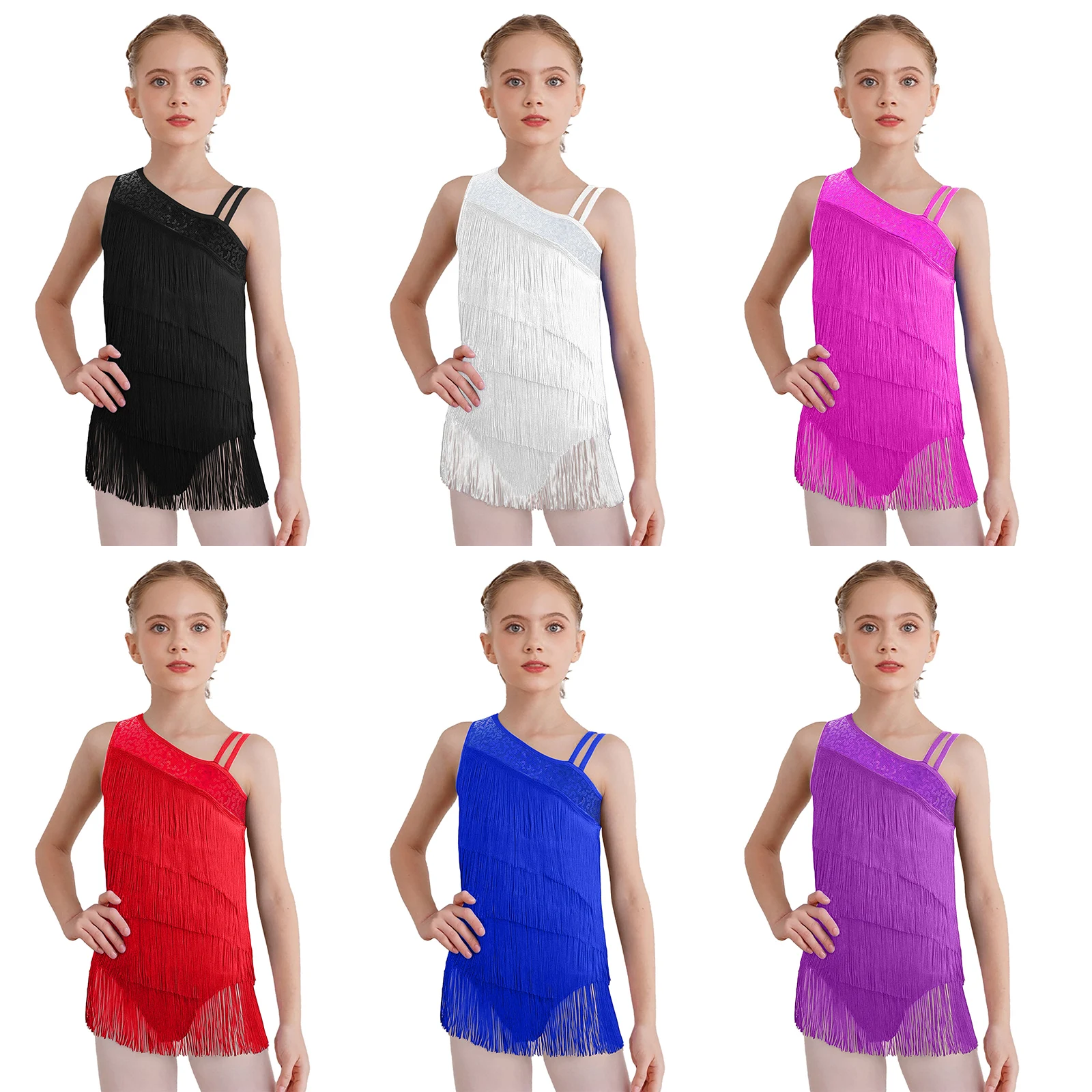 Kids Girls Modern Ballroom Salsa Latin Dance Performance Tassel Costume Sleeveless Tiered Tassels Asymmetrical Leotard Dancewear