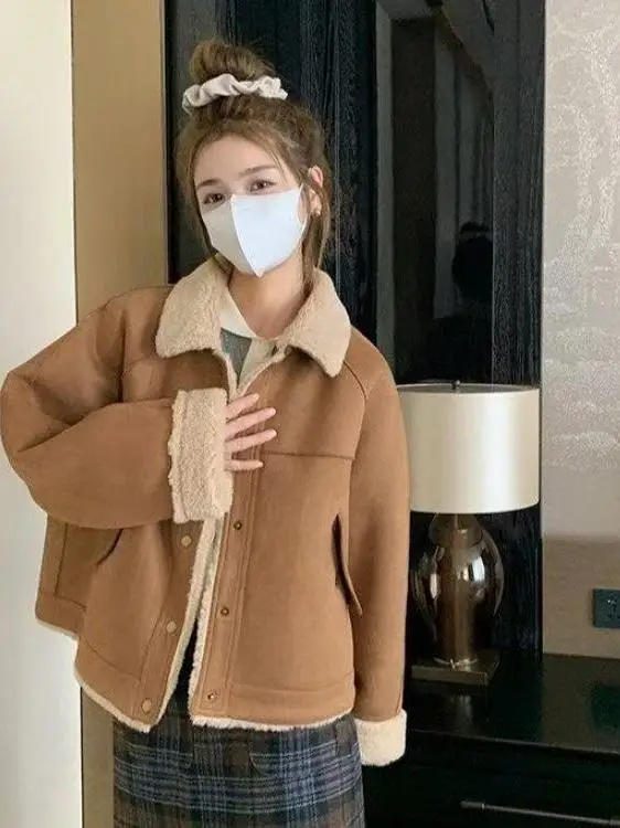 Thiened Lammfelljacke für Damen: Leder- und Fellintegrierte Frühlingsjacke, Neu, Kleine Größe, Wärmend, Retro-Stil, Gerade Passform