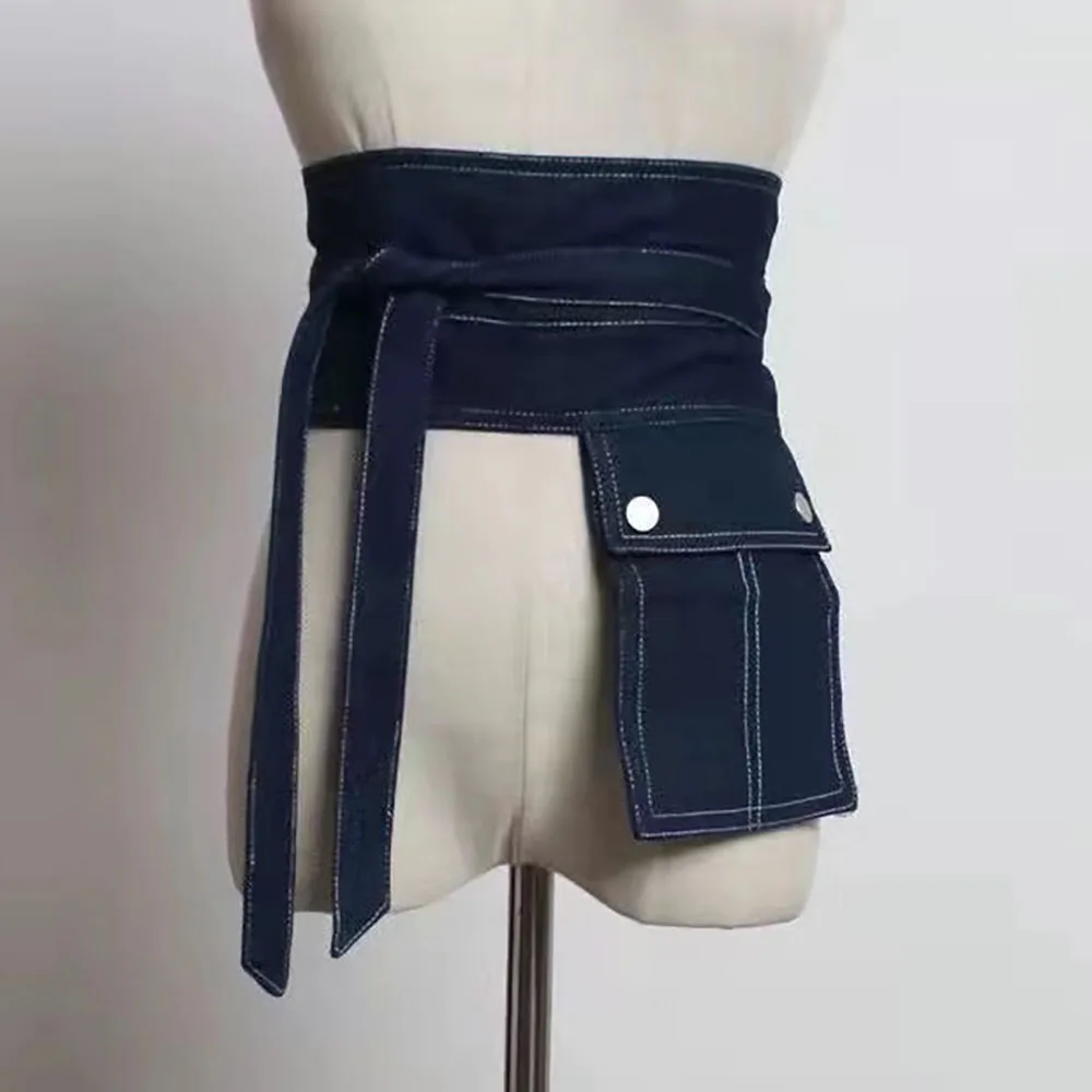 Denim elastic waistband for outer wear with shirt wide belt button decoration waist bag cloth belt waist tie for summer