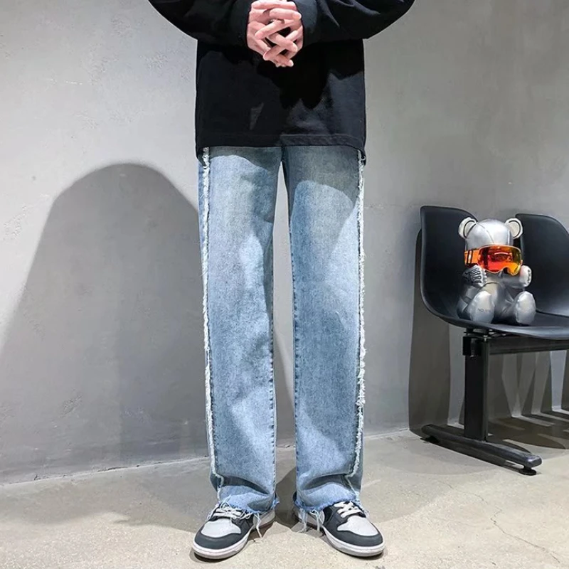 

Mens Fashion Blue Ripped Patchwork Jeans Korean Style High Street Loose Hip Hop Jean Pants All-match Trousers Plus Size 3XL-S
