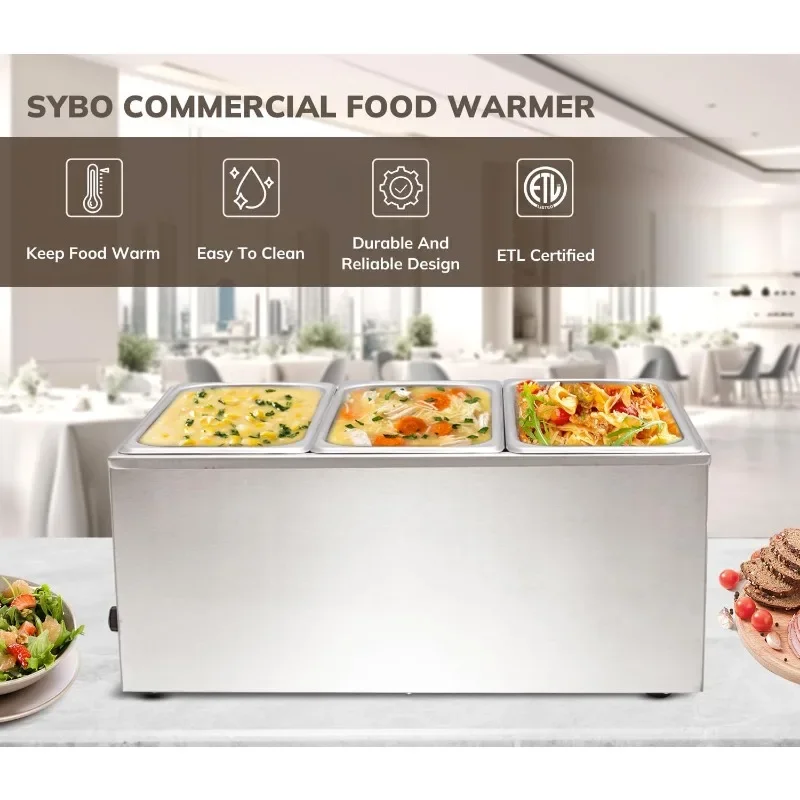 SYBO Commercial Grade Stainless Steel Bain Marie Buffet Food Warmer Steam Table for Catering and Restaurants (3 Sections)