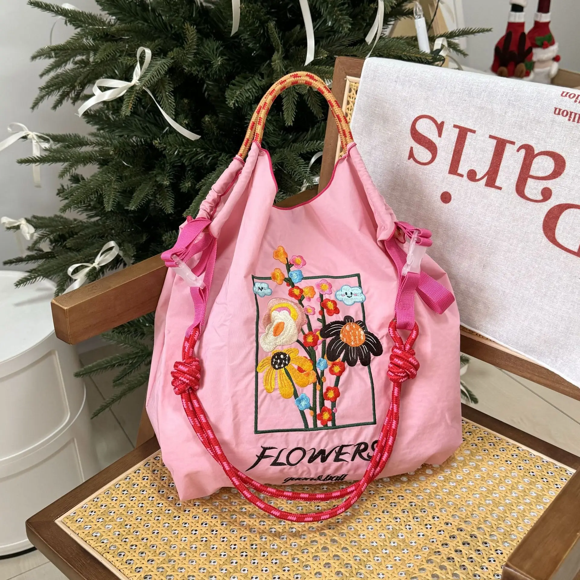 New Kawaii Eco-Friendly Bag Embroidered Nylon Anime Large Capacity Shopping Bag Flower Series Handheld Shoulder Bag Gifts