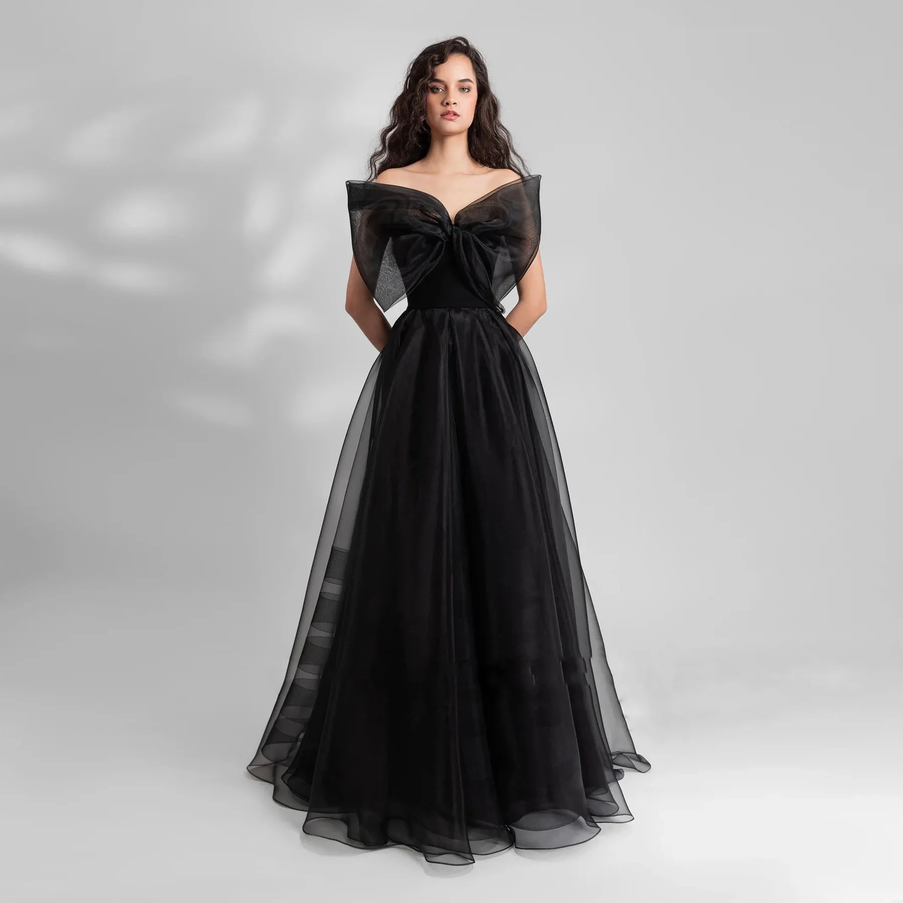 Bow Tulle Long Prom Gowns Off The Shoulder Party Dress A line Draped Black Pretty Women Dresses Maxi Sexy Backless