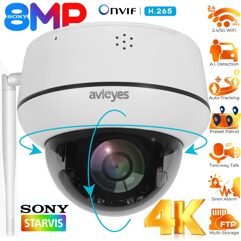 4K 8MP Wifi Dome PTZ IP Camera Outdoor Human/Vehicle Detection Auto Tracking Security Cameras 2-way Audio Wireless Indoor Camera