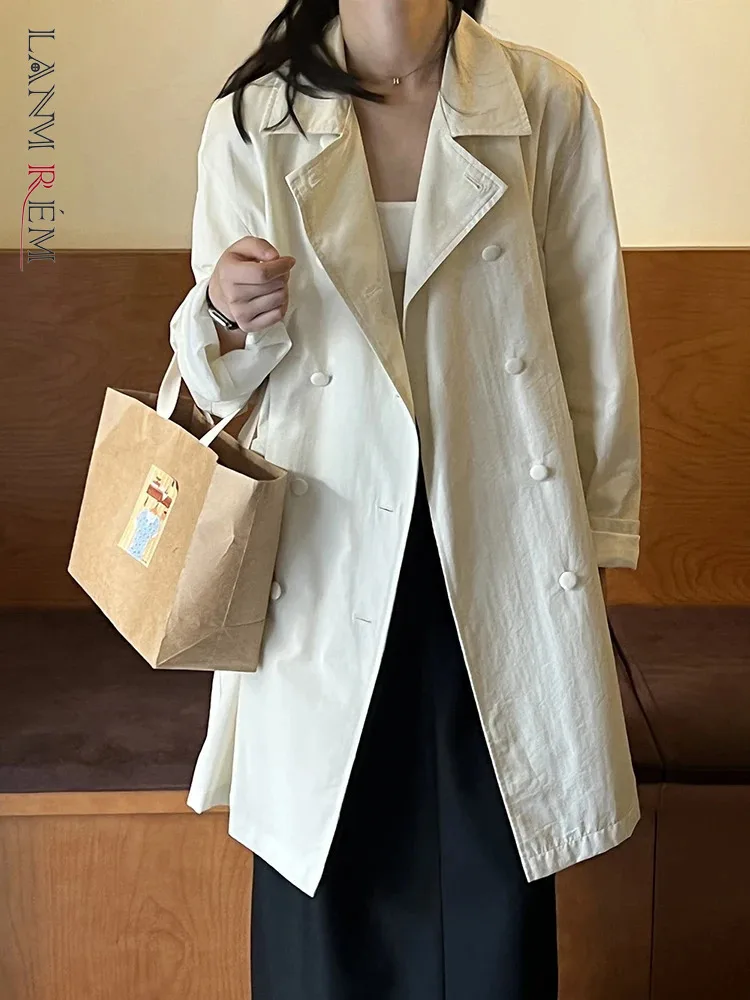 

[LANMREM] Fashion Office Lady Trench Women Lapel Double Breasted Long Sleeve Mid-length Windbreaker 2025 spring New 26C237