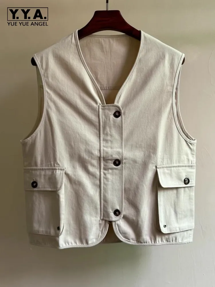 

Vintage Cotton Mens Vests Single Breasted V Neck Outside Streetwear Casual Waistcoat Spring Summer Sleeveless Cargo Jacket Male
