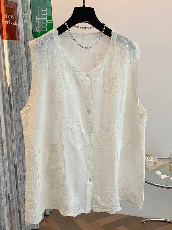 Retro cotone ricamato Casual V-Ne dimagrante irt Estate 2025 New Sle Double ket Svel Top Faion da donna