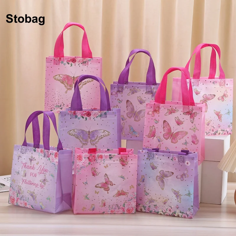 

StoBag 24pcs Wholesale Cartoon Butterfly Non-woven Tote Bags Fabric Gift Package Kids Storage Reusable Pouch Birthday Party