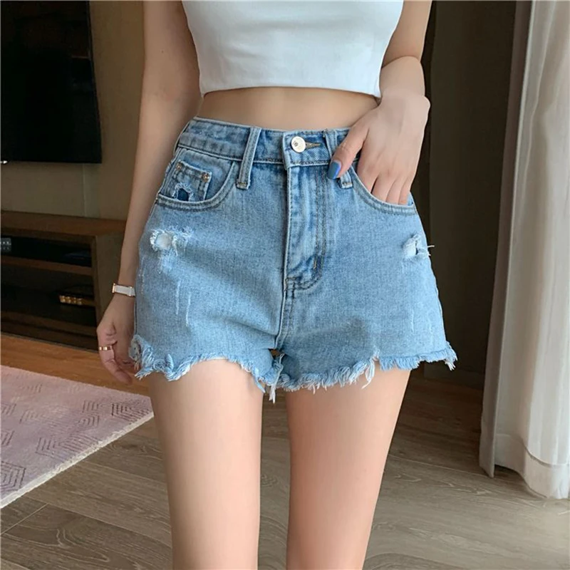 Large size chubby mm loose 80KG raw edge distressed denim shorts summer new high waisted wide leg