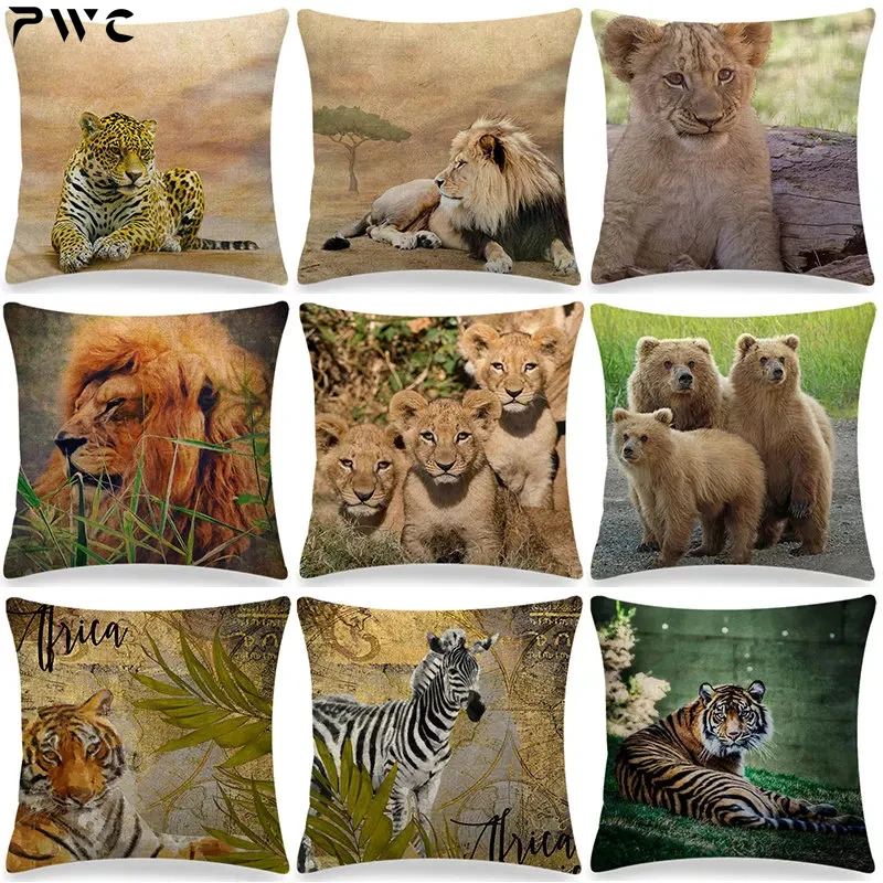 

Lion Tiger Zebra Printed Linen Cushion Cover Home Decorative Pillow Covers Ferocious Animals Pattern Decor Pillowcase 45x45cm