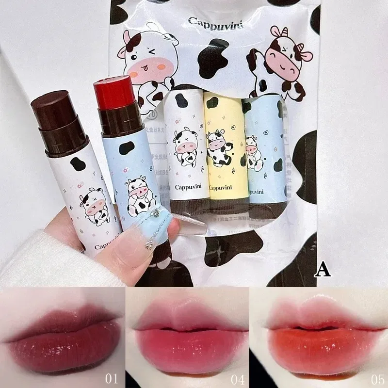 Conjunto de bálsamo labial hidratado, bálsamo labial de vaca bebê, hidratante de longa duração, pomada labial nutritiva, gloss de tonalidade vermelha, cuidado labial frutado