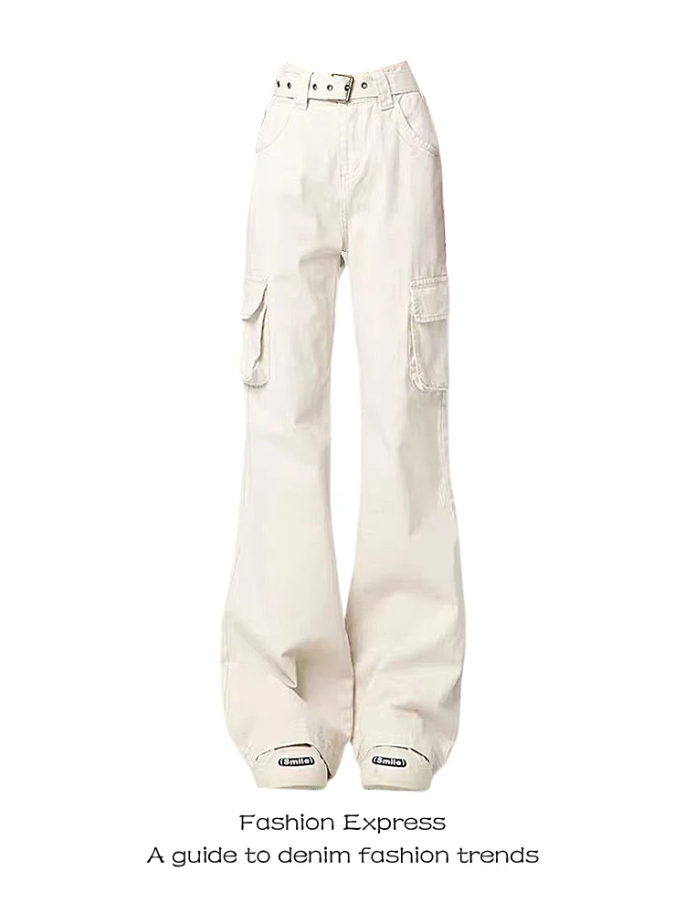 

High Waist Straight Leg Casual Trousers Women's Autumn Winter New Style American Style Light Beige Bell Bottom Workwear Jeans