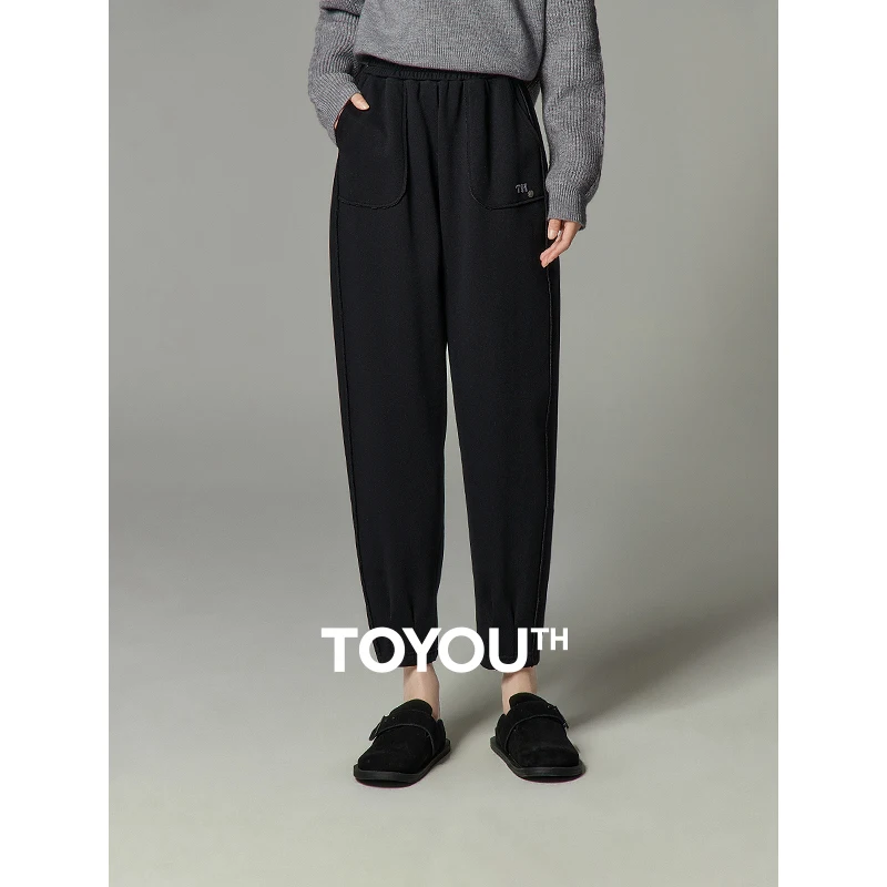 

Toyouth Women Plush Sweatpants 2023 Winter Elastic Waist Straight Long Sport Pants Simple Versatile Black Gray Trousers