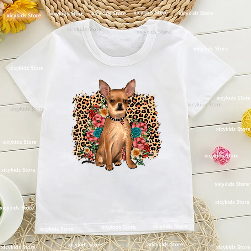 T-Shirt For Girls Cartoon Dog Leopard Print Animal Print Children Tshirts Summer O-Neck Short-Sleeved Tops Cute Girl Clothes