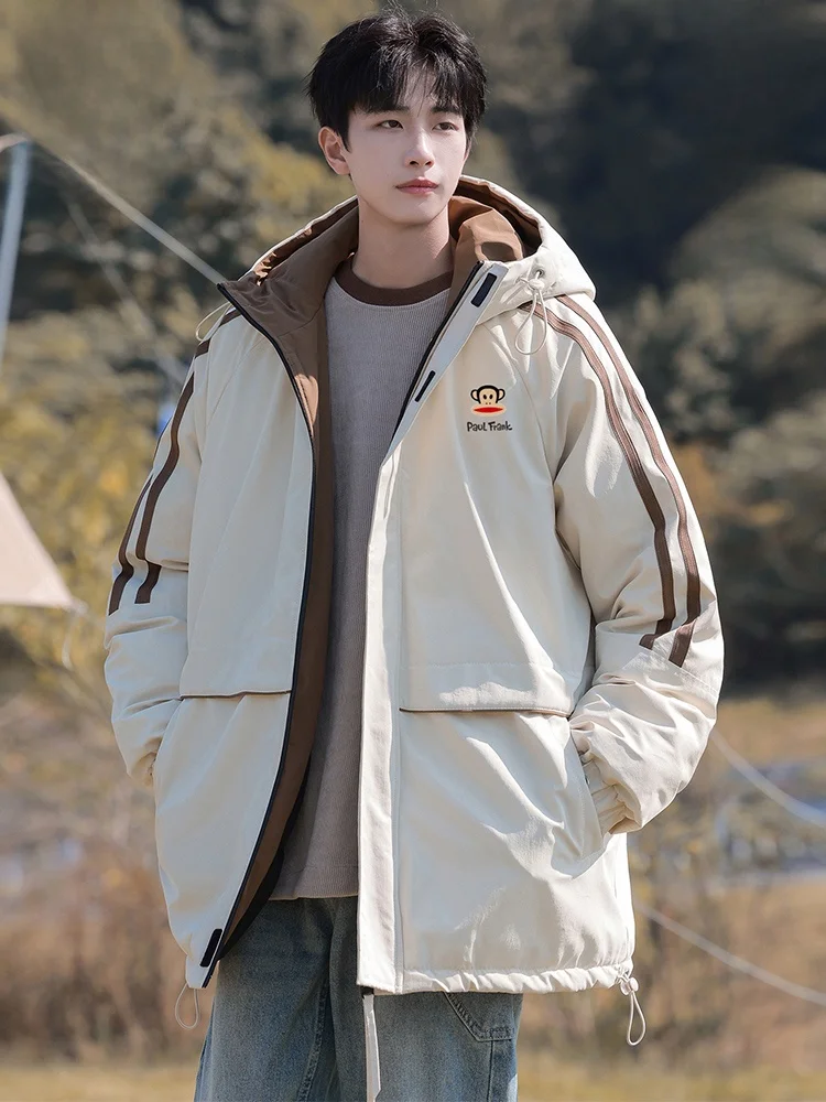 

Зимняя утепленная хлопковая куртка Paul Frank с капюшоном, мужская, свободного кроя, теплая верхняя одежда, в стиле ретро с полосками, молодежная модная, из полиэстера