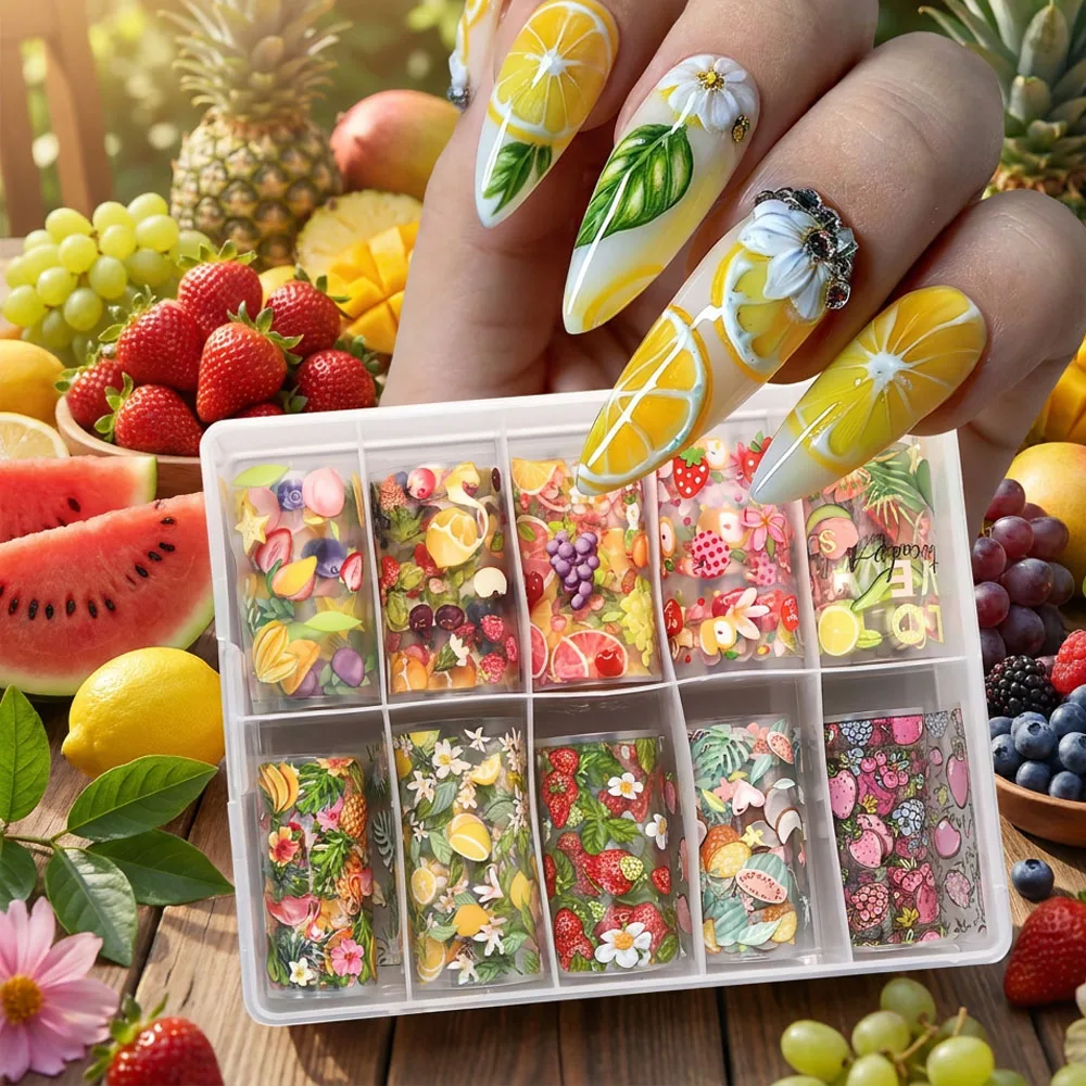 10 Rouleaux Autocollants de Transfert pour Ongles Thème Fruits d'Été – Fraise, Pomme, Orange, Banane, Fleur, Papier Étoilé – DIY Manucure Fruit Tropicaux