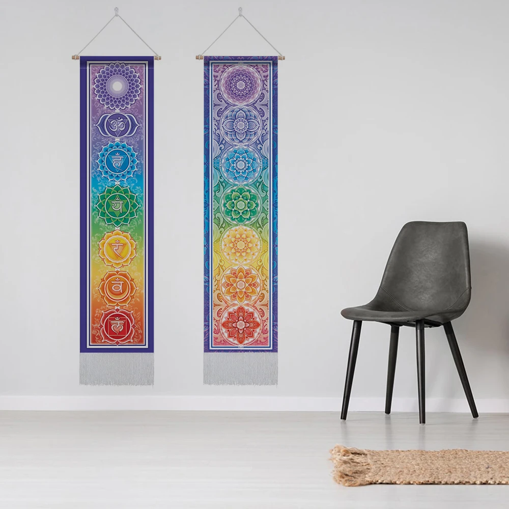 Lotus Chakras Wall Tapestry Sacred Lotus Wall Hanging  Mandala Chakras Tapestries with Tassel for Home Decor 12.8x 51.2 Inches