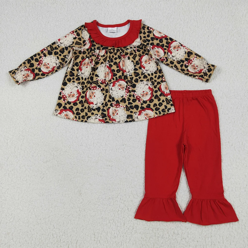 

Baby Girls Red Leopard Santa Tunic And Ruffle Pants Set Christmas Outfit with Ruffle Detail Holiday Clothes for Infants