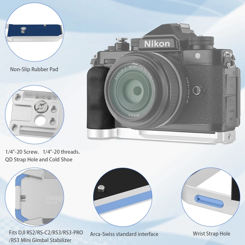 Haoge MHG-ZFW Handgriff für Nikon Zf Z F Kameragriff, integrierte Arca-Typplatte für DJI RS2/RS-C2/RS3/RS3-PRO/RS3 Mini, Silber