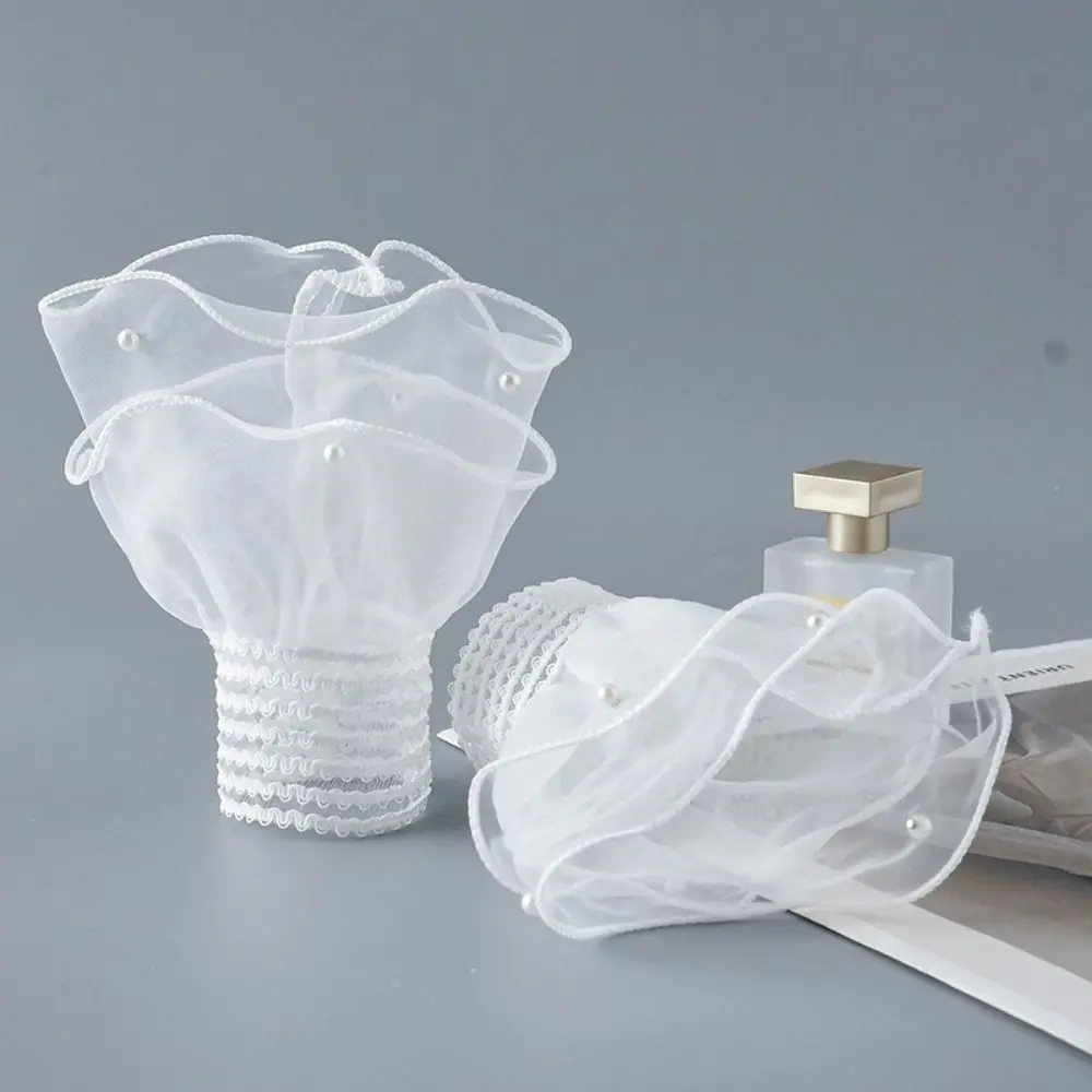 

Double Layer Fake Pleated Cuff Lace Sleeve Detachable Elastic Sleeve Cuffs with Pearls All-match Horn Cuffs Decoration