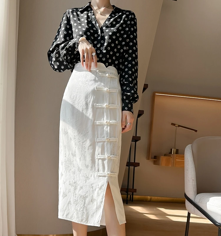 

High Waist A-Line Skirt Women's Sle Button Embellied Slim Fit k Pattern Floral T Long Skirt Commute Pure Color