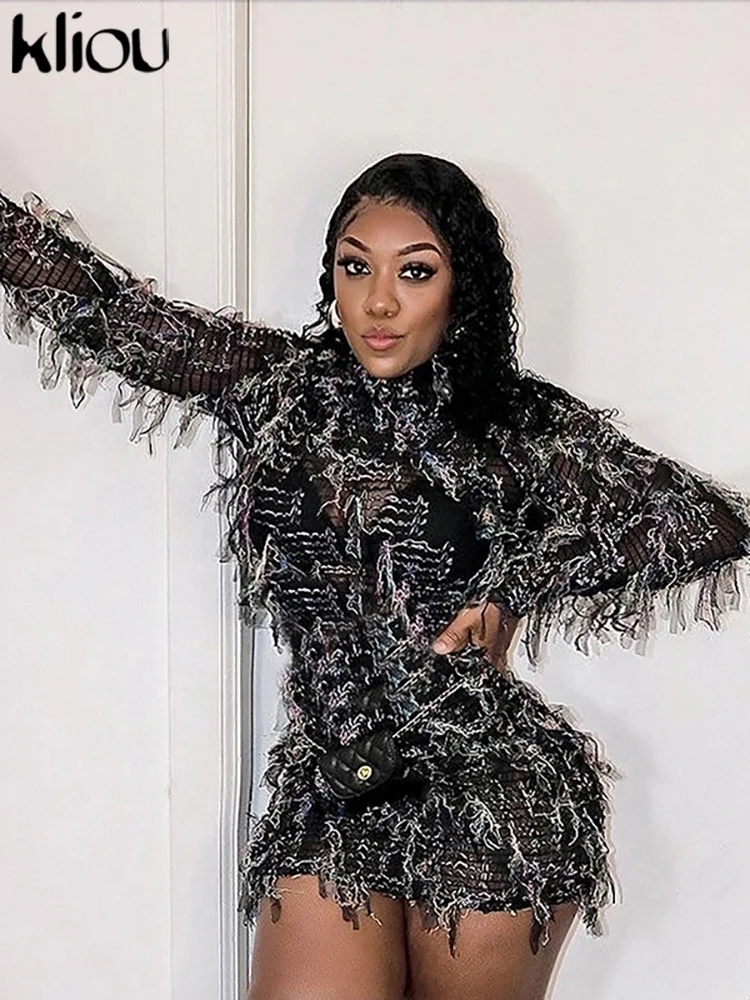 فستان قصير مرقع مكشكش من Kliou فستان نسائي مخطط مكدس للخريف بأكمام طويلة ورقبة دائرية ثقوب أنيقة ملابس خروج نسائية عصرية #5