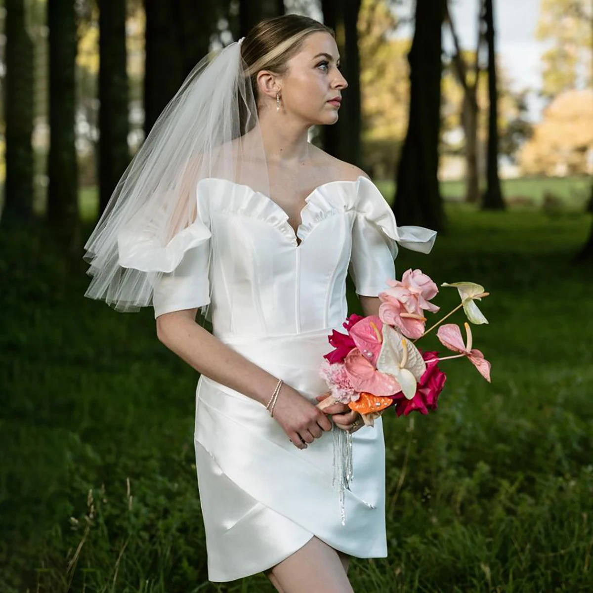 Ruffled Off Shoulder Satin Short Bridal Gowns Simple Mini Length Customized Boned Short Sleeves Irregular Hem Wedding Dress