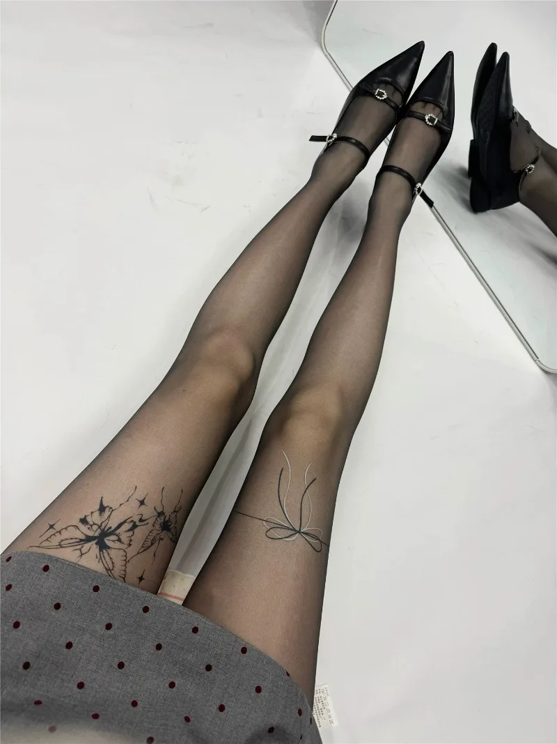 Women Sweet Spicy Pure Desire Butterfly Tattoo Sheer Tights Socks See Through Mesh Pantyhose Stockings Asymmetric Leggings
