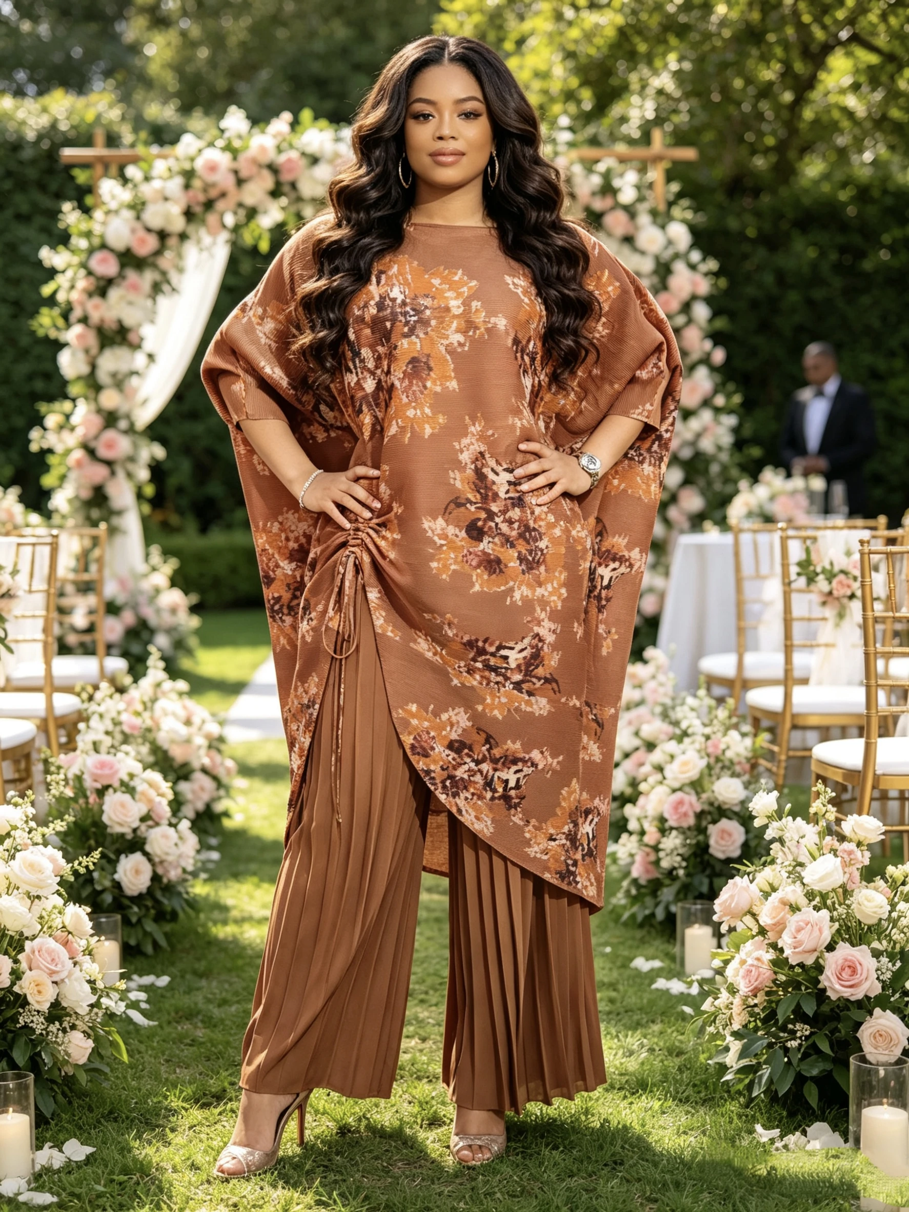 Women's Plus-Size Two-Piece Set, Batwing Sleeve Printed Top + Wide-Leg Pants, Slimming Waist-Cinching Party Evening Wedding Gues