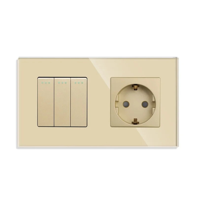 DAJIMEI 1/2/3gang Button light switch and EU Standard sockets Electrical outlet with Crystal Glass Panel for Home