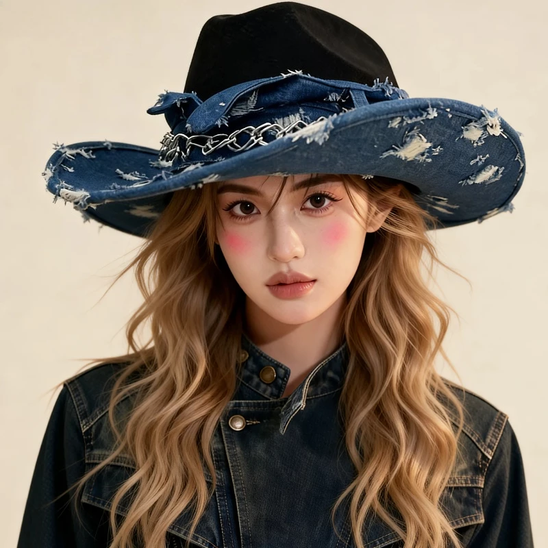 Vintage Western Cowboyhut für Damen und Herren, gewaschener Denim-Cowgirl-Jazzhut, geeignet für den täglichen Freizeitgebrauch, Western-Party, Bar, Cowboykappe – Detail 2