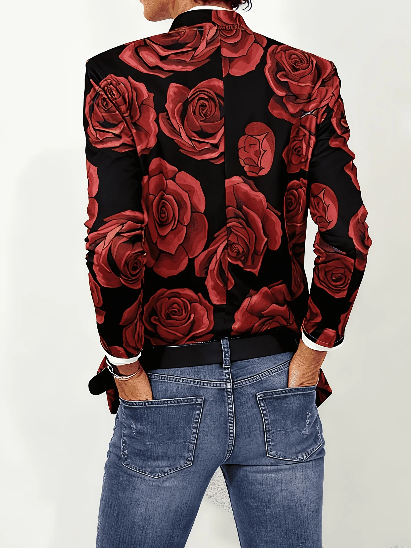 Women Black Red Rose Large Floral Print Blazer Stand Collar Long Sleeve Double Breasted Decorative Button Slim Jackett
