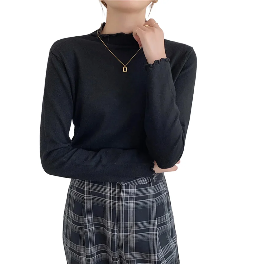 Women Long Sleeve Solid Ruched Half Turtleneck Pullover Basic Warm Top For Spring Autumn Casual Party Daily Wear T Shirt
