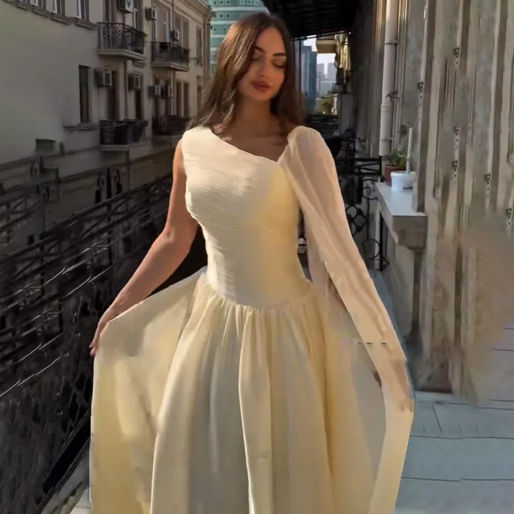 Sevintage 2025 Yellow Silk Chiffon A Line Pleated Maxi Evening Dress One Shoulder Prom Gown Dubai Women Formal Dress Customized