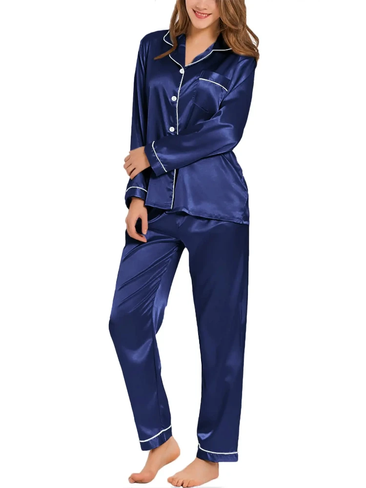 Womens Silk Satin Pajamas Loungewear Two-piece Sleepwear Button-Down Full Sleeve Long Pj Set