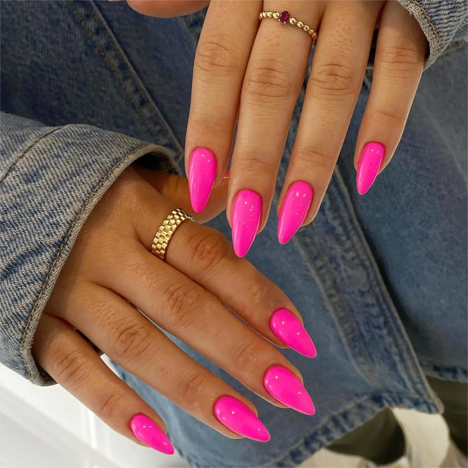 

Hot Pink Almond Press On Nails 48pcs Medium Length Reusable False Nails with Gel Finish
