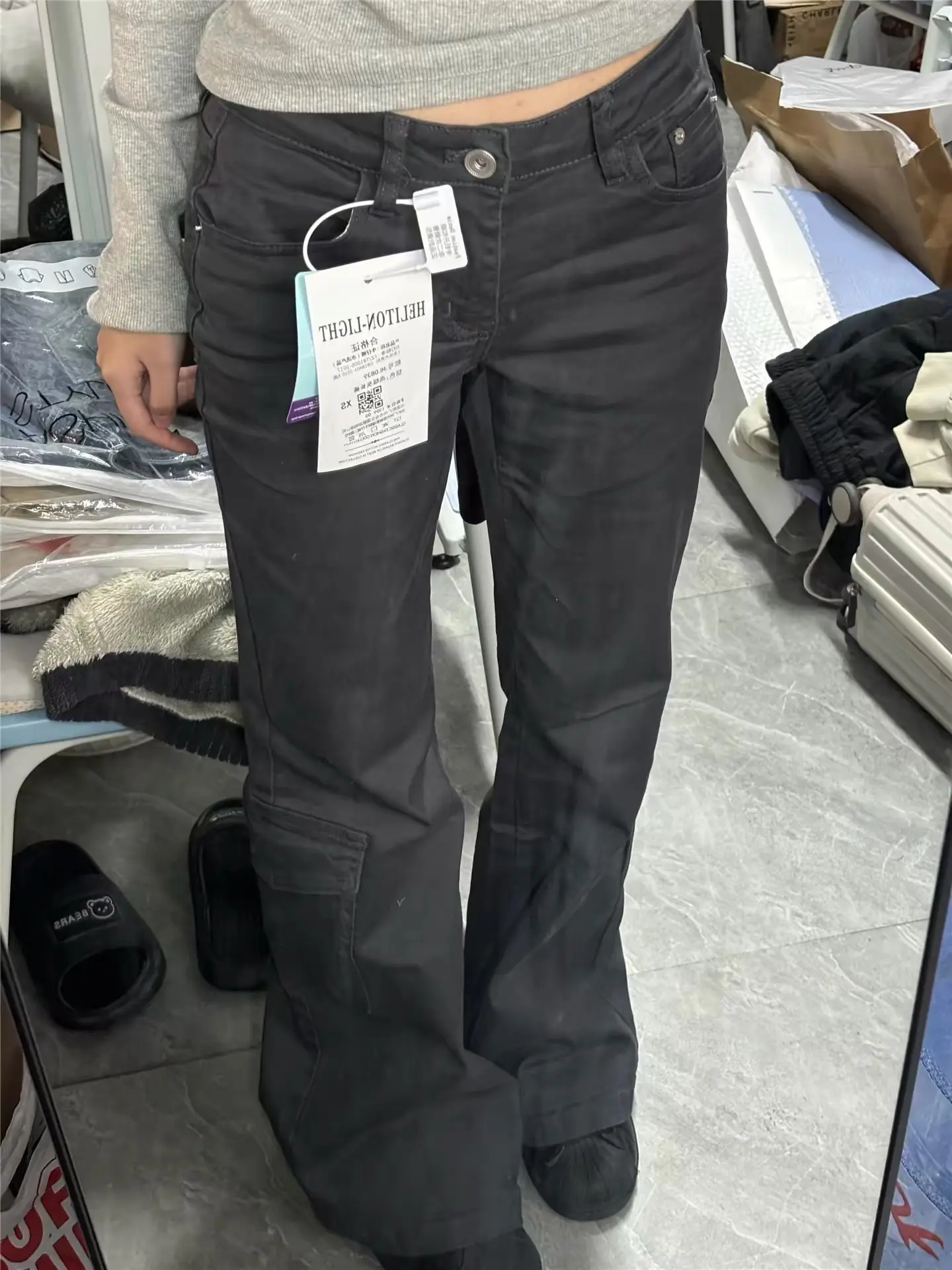 Y2K Multi Pocket Work Pants Women Spring Smoke Gray Low Waist Slightly Flared Jeans Slim Fit Slimming